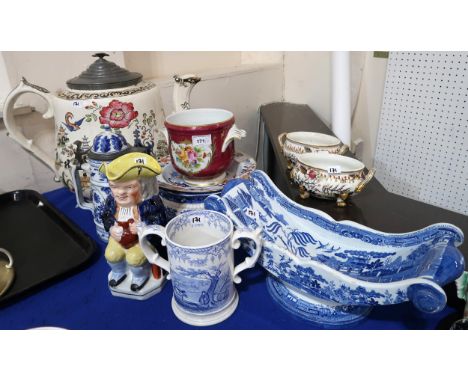 A large oversized teapot, a Clewes blue and white cheese trug, a blue and white transfer printed two handled mug, and assorte