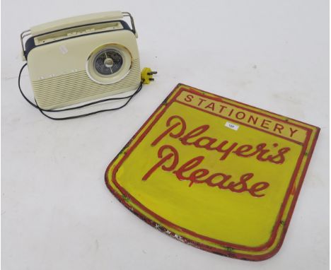 A mid 20th century double sided Player's Please advertising sign, set of scales and weights and a Bush portable radio (3) Con