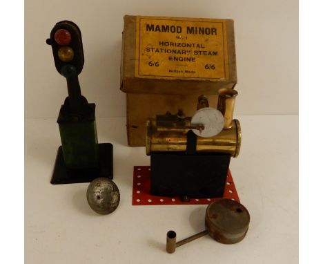 A Mamod Minor No1 horizontal stationary steam engine, a Hornby L425 locomotive and various track, signals and engines Conditi