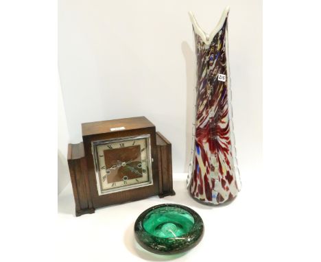 A Strathearn green glass and aventurine bowl, a mantle clock and an art glass vase Condition Report:Available upon request