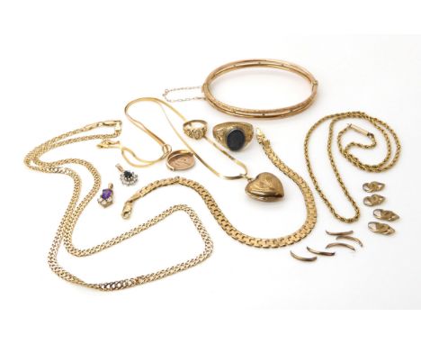 A collection of 9ct gold and yellow metal items to include a bangle, chains rings, pendants etc weight combined 27.7gms Condi