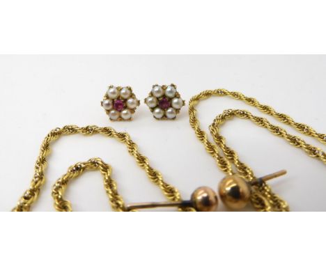 A 9ct gold rope chain length 44cm, a pair of ruby and pearl earrings, and two pairs of earrings, weight 6.9gms Condition Repo