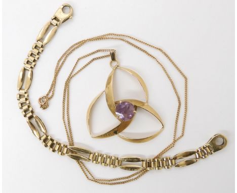 A 9ct gold amethyst pendant, with chain pendant length with bail 5.5cm, chain 56cm, and a 9ct gold bracelet, length 19cm, wei