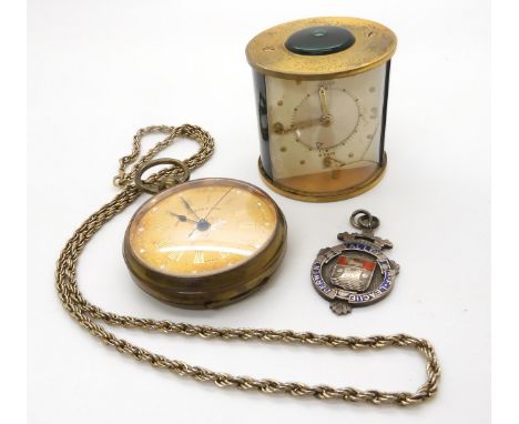 A Jaeger desk clock, a base metal James Smith &amp; Son pocket watch with a decorative dial, a silver medallion and gold plat
