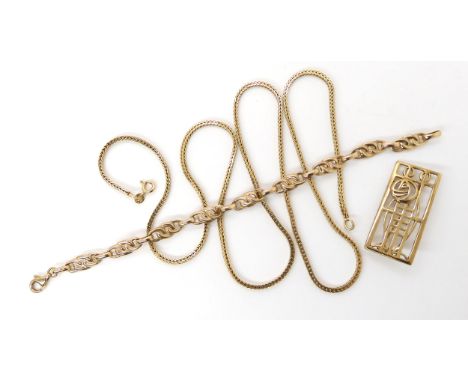 A 9ct herringbone chain, length 70cm, 9ct bracelet and Mackintosh brooch, weight together 25.6gms Condition Report:Available 