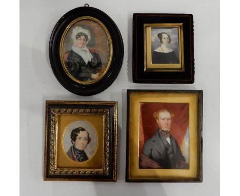 FOUR VICTORIAN PORTRAIT MINIATURES comprising;A gentleman, half length, 12 x 9cm, another gentlman, oval ,7 x 6cm, lady, half