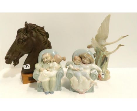 Two Nao figures Giggles with Grandpa and Stories with grandma, another of Flying Herons and a resin horses head Condition Rep