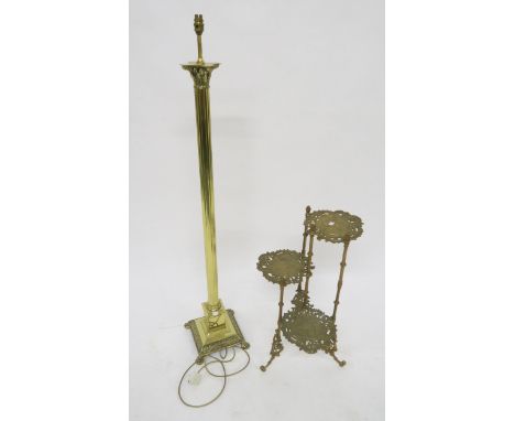 A 20th century brass Corinthian style standard lamp and a cast brass three tier plant stand (2) Condition Report:Available up