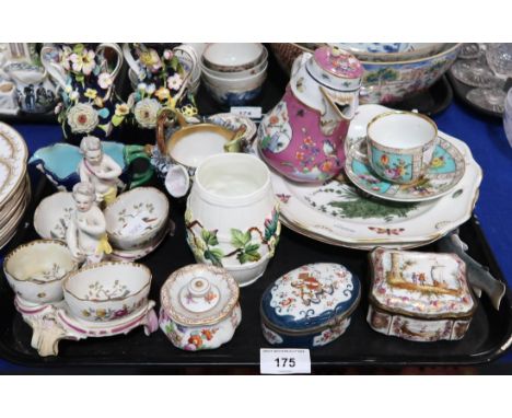 A pair of Meissen figural salts, a French porcelain trinket box, another trinket box, a Dresden cup and saucer, Augustus Rex 