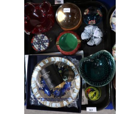 A crystal ball on stand, The Eye of Time watch/compass, assorted glass paperweights, art glass dishes and a Royal Worcester M