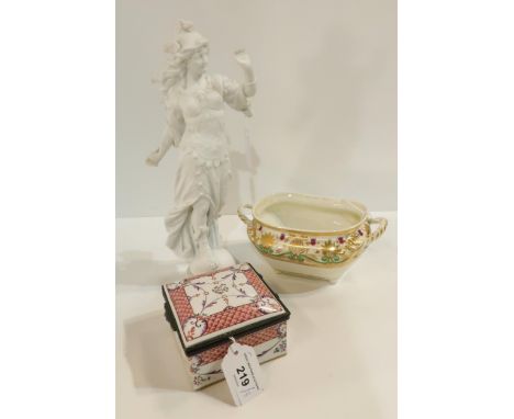 A parian figure of a goddess, a Samson scale design square trinket box and a Derby sauce tureen Condition Report:Available up
