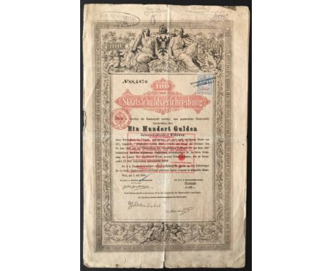 1868 SHARE CERTIFICATE FOR 100 GUILDERS (AUSTRIAN CURRENCY)
App. size: 24cm x 39cm