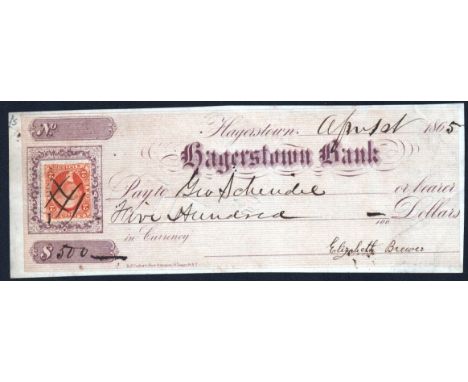 1865 HAGERSTOWN BANK CHEQUE WITH REVENUE STAMP