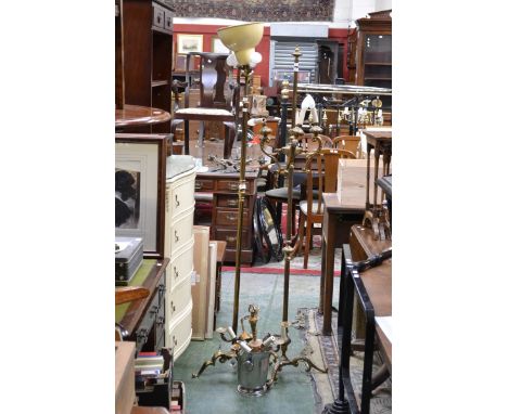 A brass extendable standard lamp, another brass four-branch standard lamp , and three five-branch chandeliers, (5)