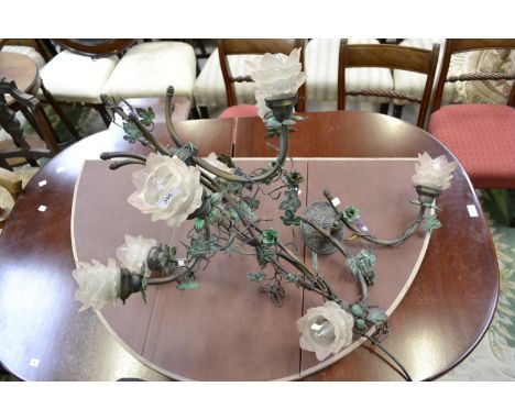 A decorative six branch chandelier, floral design ; a set of six double branch wall lights with glass shades.
