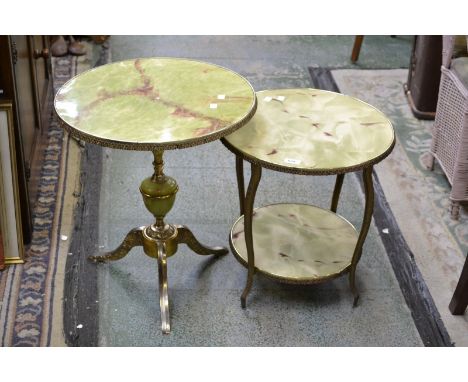 A faux onyx and gilt metal tripod occasional table; another, circular top and undertier. (2)