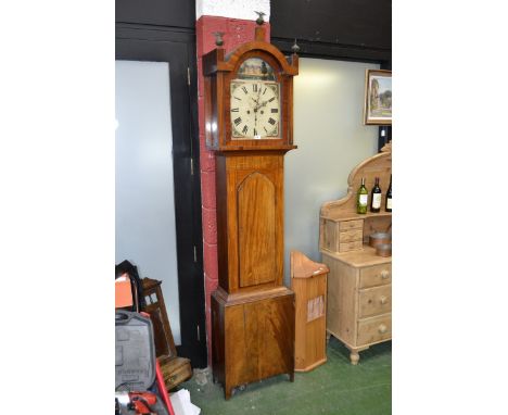 A George III mahogany longcase clock, 34cm arched painted dial inscribed with Roman numerals, subsidiary seconds and calendar