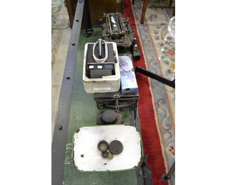 A Remington typewriter, Setright bus conductors ticket machine,  scales,  etc (5) 