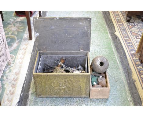 A brass coal box, a barometer in the form of an anchor, a brass chalice, a brass candlestick, a box of French grocers' weight