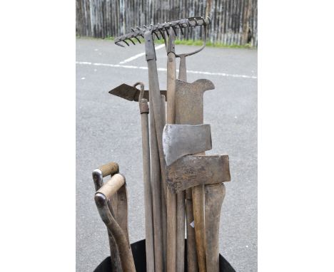 Assorted vintage wooden handled garden tools including an Elwell felling axe with military stamp; another; Elwell Yorkshire b