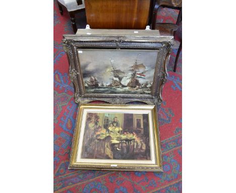 Lorimar, after, Grandmothers Birthday, coloured prints;  a novelty drinks, as a gilt framed print with a sailing galleon 