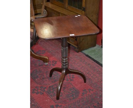 A Victorian mahogany tripod table, rounded rectangular top, turned pedestal base, c.1880.