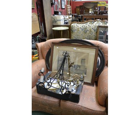 An oval oak bevel edged mirror ; a framed sepia photograph of castle Ashby-De-La-Zouch; a ceiling  wrought iron chandelier an