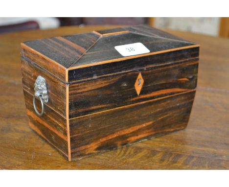 A sarcophagus shaped coromandel tea caddy, lion mask brass escutcheons with lopp handles.
