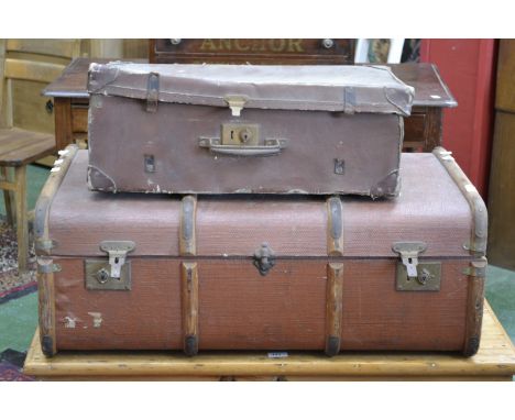 Vintage luggage - a wood bound travel trunk; a suitcase (2)