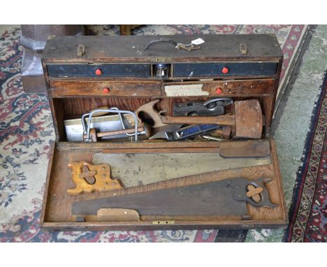 Tools - a Record 073 bull nose plane; another, 2506; others, Record; marble chisels; mallet; saws; etc., contained in a woode