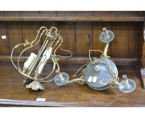 A Napoleon style brass ceiling lamp; another early 20th century brass ceiling lamp (2)