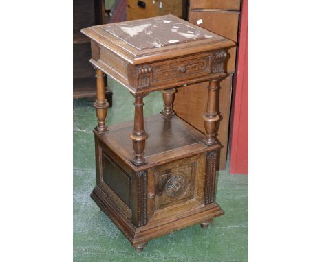 A French fruitwood pot stand, rouge marble top, single drawer to frieze supported by turned columns, panel door cupboard to b