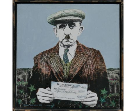 Tom Lowe, man with a cheque, acrylic on canvas 