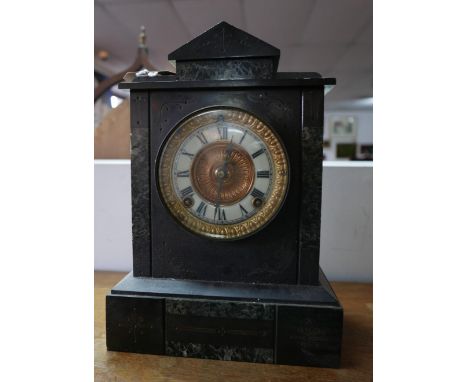 A late Victorian slate and marble mantel clock, H.33cm 