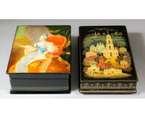 A modern Russian black lacquer rectangular box finely decorated by Sergey Teplov with a view of the Belltower in Shuya, withi