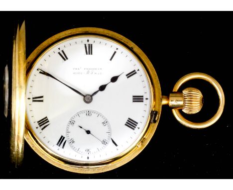 A late Victorian 18ct gold half hunting cased keyless pocket watch by Joseph Preston for Charles Frodsham, 84 Strand, London,