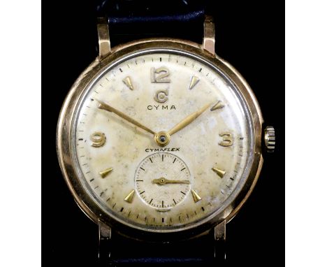 A 20th Century gentleman's Cyma "Cymaflex" 9ct gold cased manual wind wristwatch, the gilt dial with Arabic numerals to 3, 9 