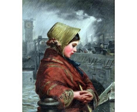 A.D (19th Century English school) - Oil painting - Half-length portrait of a young girl standing beside a river, with an indu