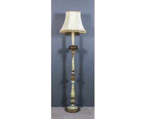 An Italian style painted and gilt electric standard lamp of candlestick pattern, decorated with floral sprays, 62ins high, an