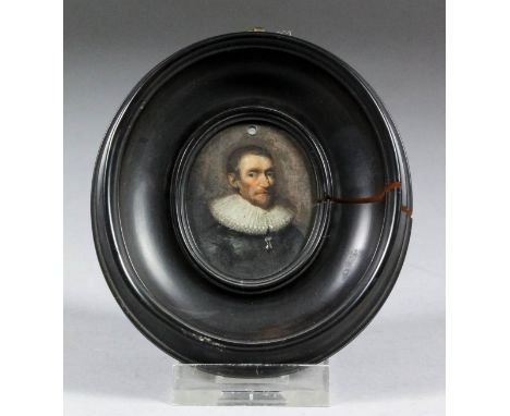 17th Century Continental school - Miniature shoulder-length portrait of a bearded gentleman wearing a broad ruff, painted on 