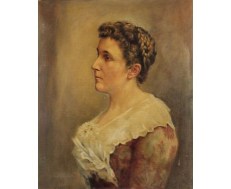 Late 19th Century school - Oil painting - Shoulder-length portrait of a woman, her hair dressed with plaits, canvas 24ins x 2