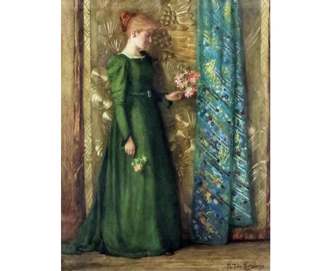 Maria Tuke Sainsbury (1861-1947) - Watercolour - Standing portrait of a young woman holding a small bouquet of flowers, 17.75