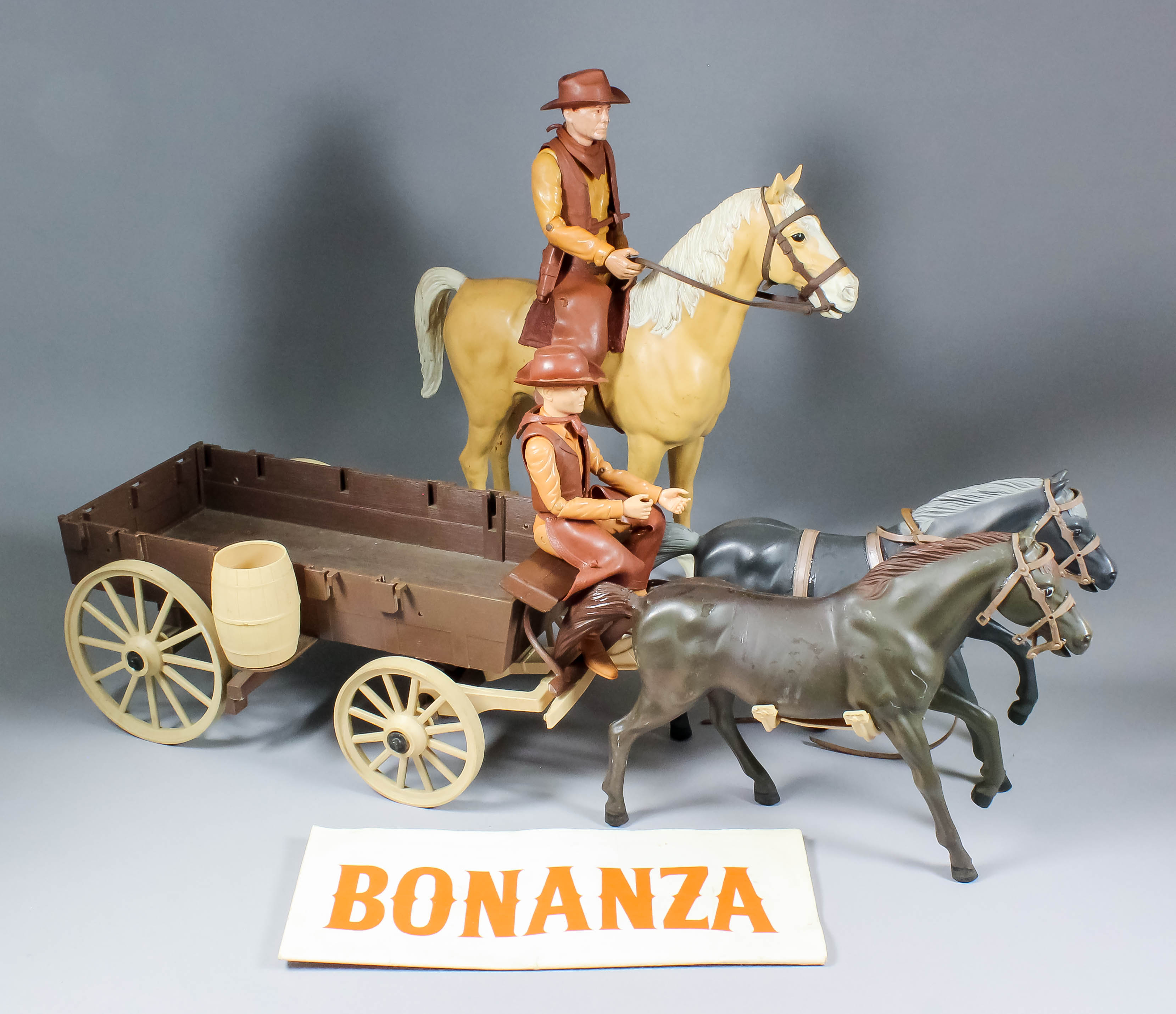 A collection of Palitoy "Bonanza" action figures, horses and accessories