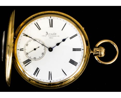 A Victorian 18ct gold half hunting cased keyless pocket watch made by Adolph Nicole for Arnold &amp; Charles Frodsham, 84 Str