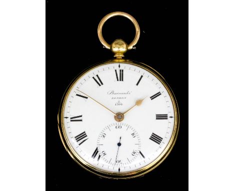 A Victorian 18ct gold open faced pocket watch by Barrauds, Cornhill, London, No. 2/1304, the white enamel dial with Roman num
