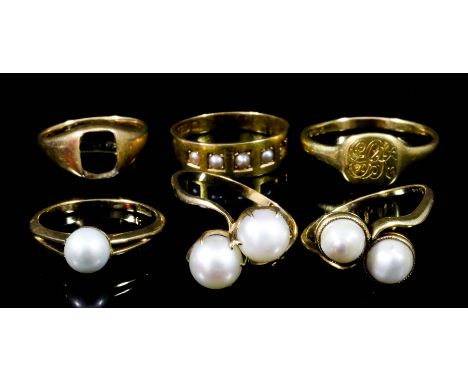 Three 18ct gold rings, set with cultured pearls (size N+, O and K+), and three other 18ct gold rings, various (total gross we