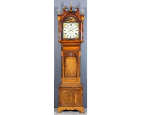 A mid 19th Century oak and mahogany longcase clock by John Staniland of Malton, the 13ins arched painted dial with Roman nume