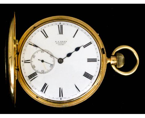 An early Victorian 18ct gold half hunting cased keyless pocket watch by E. J. Dent, London, No. 15047, the white enamel dial 