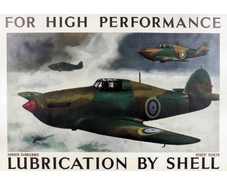 Robert Buhler (1916-1989) - Coloured lithograph - "Hawker Hurricanes" - Shell advertising poster depicting three Hawker Hurri
