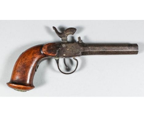 A 19th Century Continental percussion pocket pistol, the 3.5ins hexagonal turn off barrel, bright steel action with scroll en